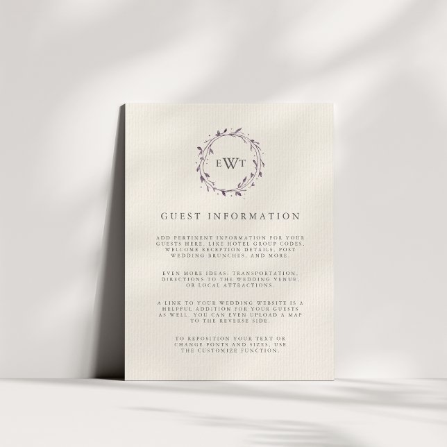 Plum | Monogram Wreath Wedding Guest Details Invitation (Creator Uploaded)