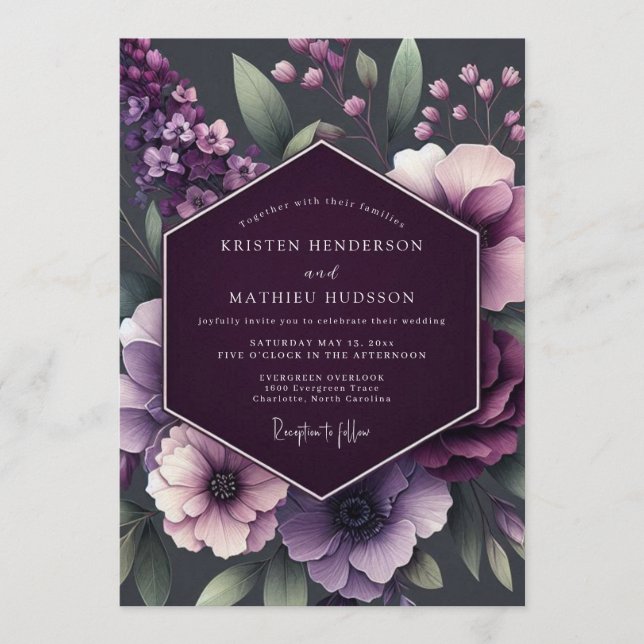 Plum Moody Anemone Wedding Invitation (Front)