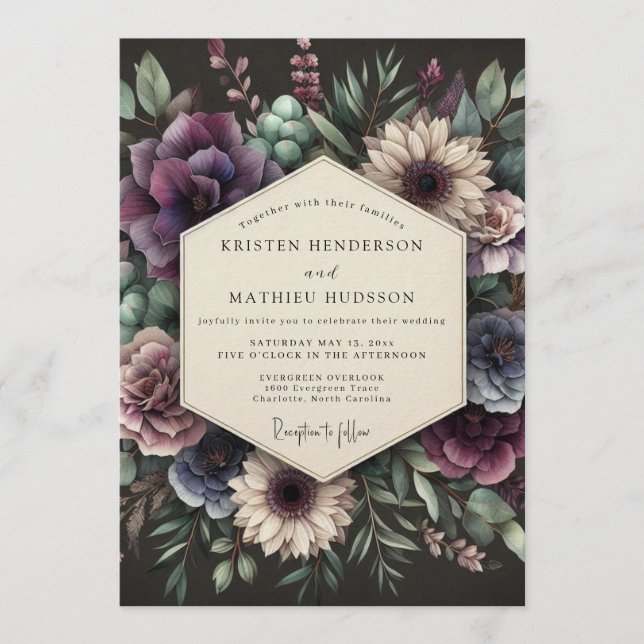 Plum Moody Botanical Wedding Invitation (Front)