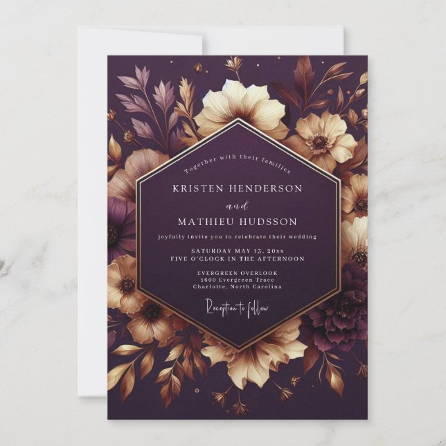 Plum Moody Floral Twilight Wedding Invitation (Front)
