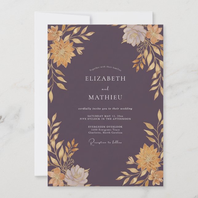 Plum Mustard Dahlia Wedding Invitation (Front)