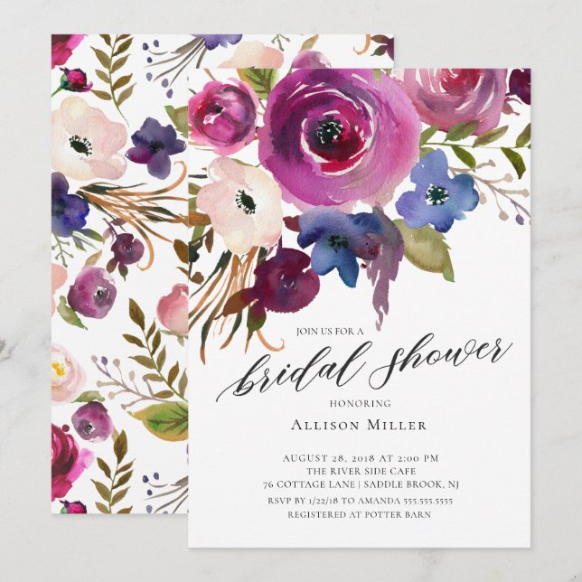Plum & Navy  Floral Bridal  Shower Invitation (Front/Back)