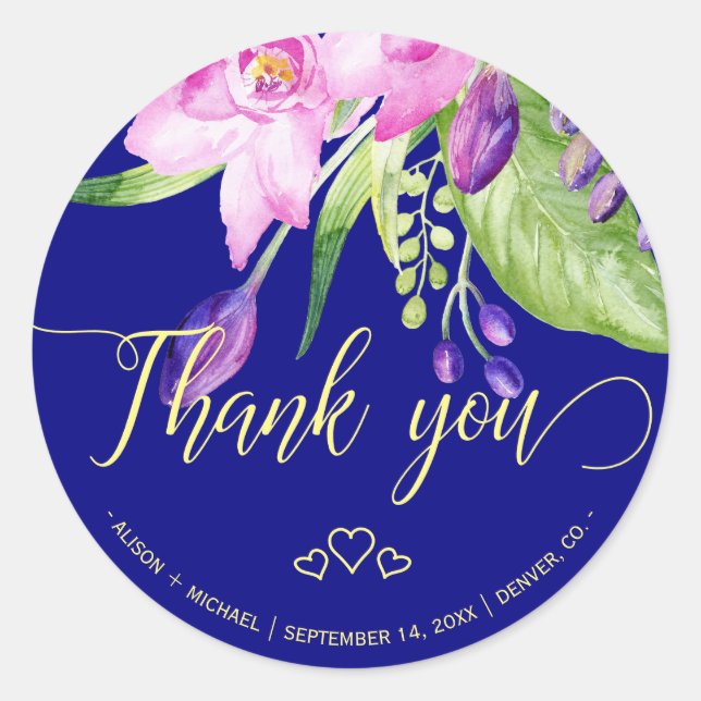 Plum navy summer floral wedding thank you classic round sticker (Front)