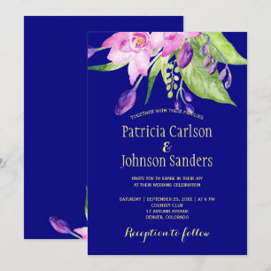 Plum navy watercolor summer floral wedding invitation