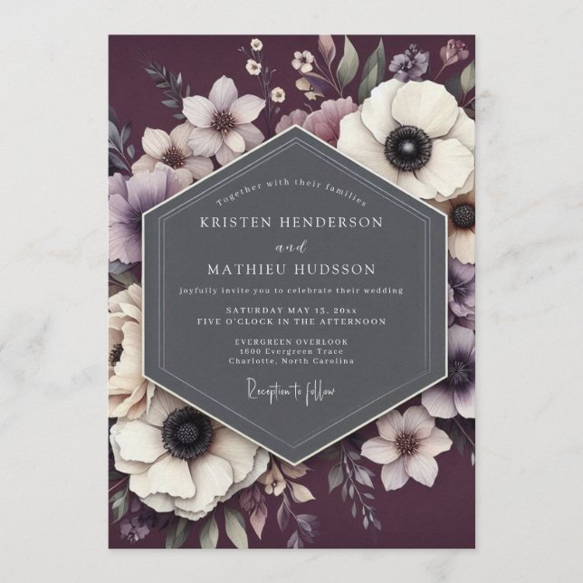 Plum Noir Anemone Wedding Invitation (Front)