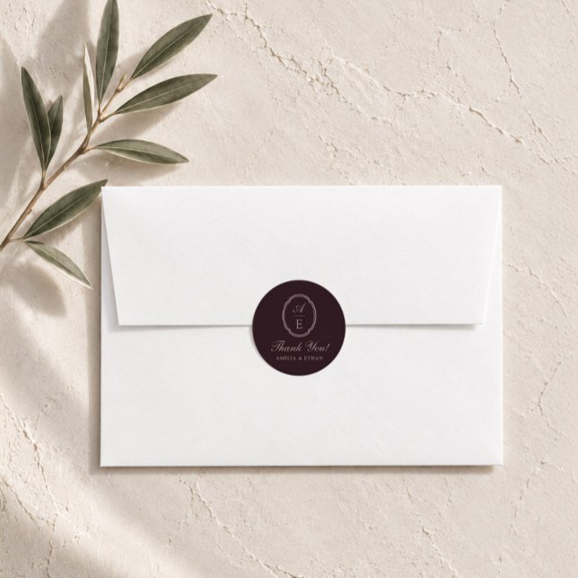 Plum Noir Monogram Classic Round Sticker (Creator Uploaded)