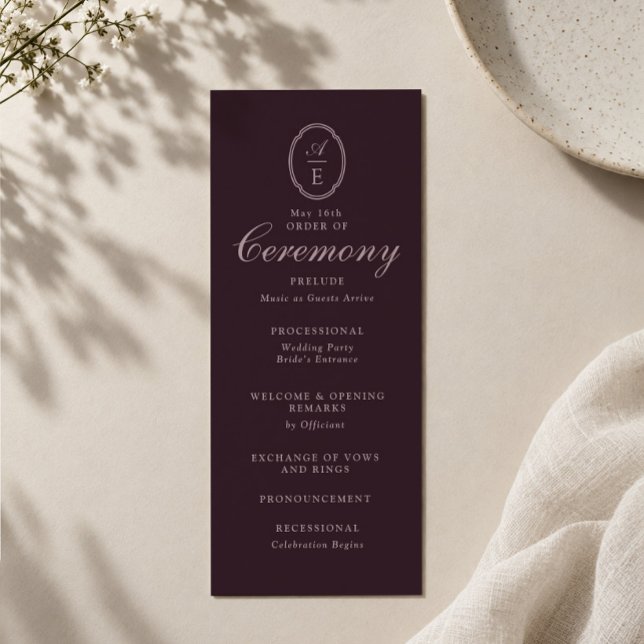 Plum Noir Monogram Wedding Program Invitation (Creator Uploaded)