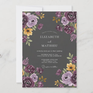 Plum Ochre Painted Leaf Wedding Invitation