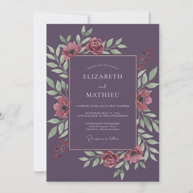 Plum Opulent Floral Romance Wedding Invitation (Front)
