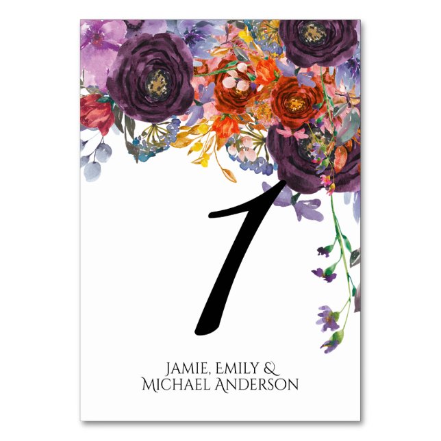 Plum Orange Floral Personalised Table Number (Front)