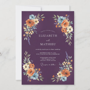 Plum Orange Floral Watercolor Wedding Invitation
