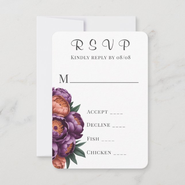 Plum & Orange Painted Peony Wedding RSVP Cards (Front)