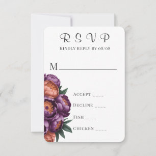 Plum & Orange Painted Peony Wedding RSVP Cards