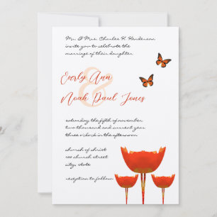 Plum Orange Poppies Butterflies Wedding Invitation