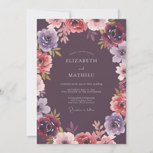 Plum Painterly Arch Flourish Wedding Invitation (Front)