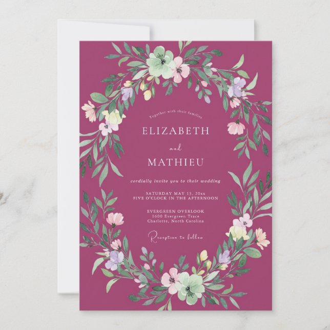 Plum Painterly Floral Wreath Wedding Invitation (Front)
