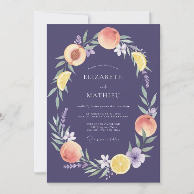 Plum Peach Fruit Eucalyptus Wedding Invitation (Front)