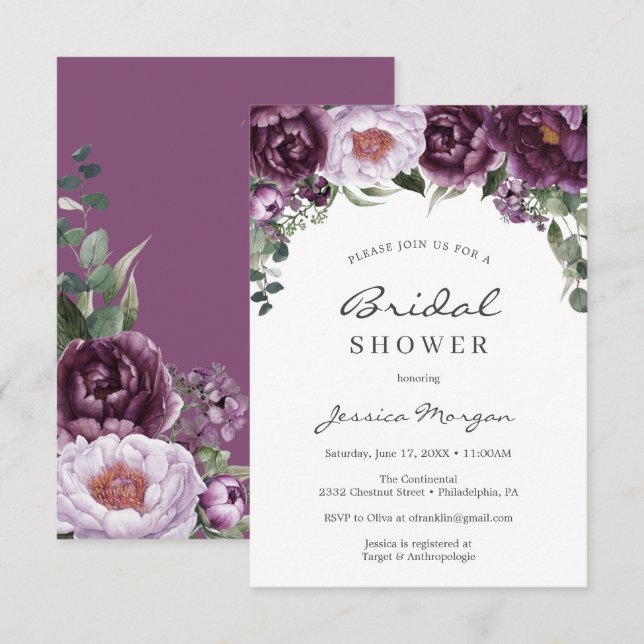 Plum Peonies Bridal Shower Invitation Card (Front/Back)