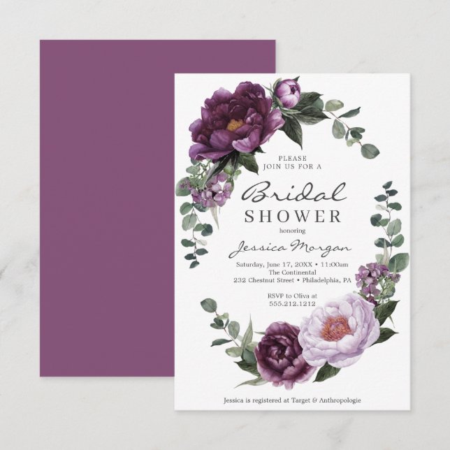 Plum Peonies Bridal Shower Invitation Card (Front/Back)