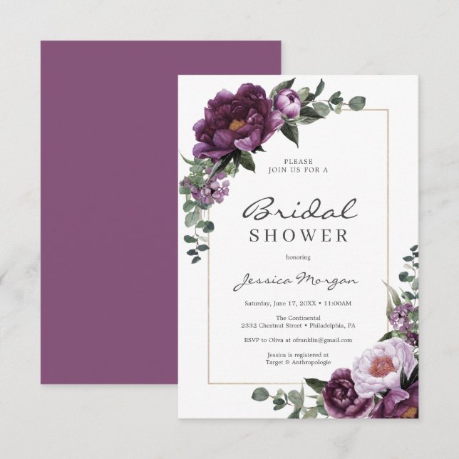 Plum Peonies Bridal Shower Invitation Card (Front/Back)