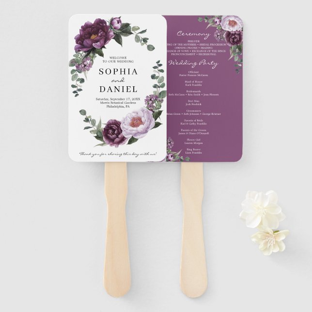 Plum Peonies Purple Floral Wedding Program Fan (Front and Back)