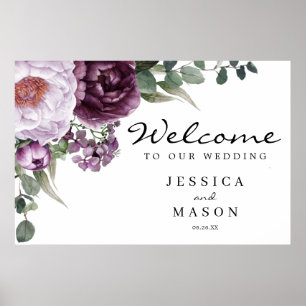 Plum Peonies Purple Floral Wedding Welcome Sign