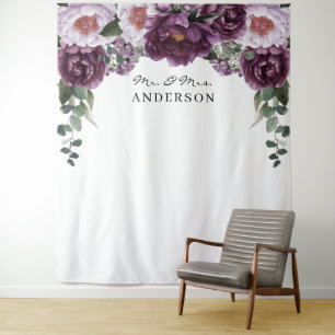 Plum Peonies Romantic Floral Wedding Backdrop Tapestry