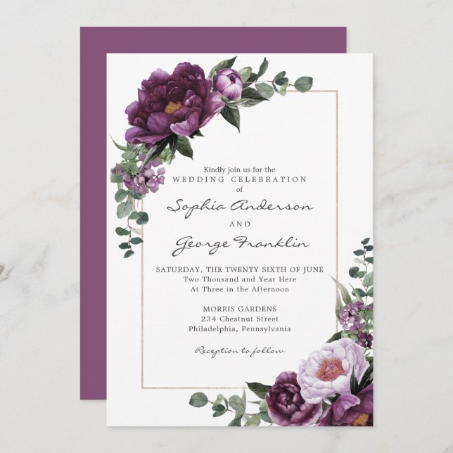Plum Peonies Wedding Invitation Card (Front/Back)