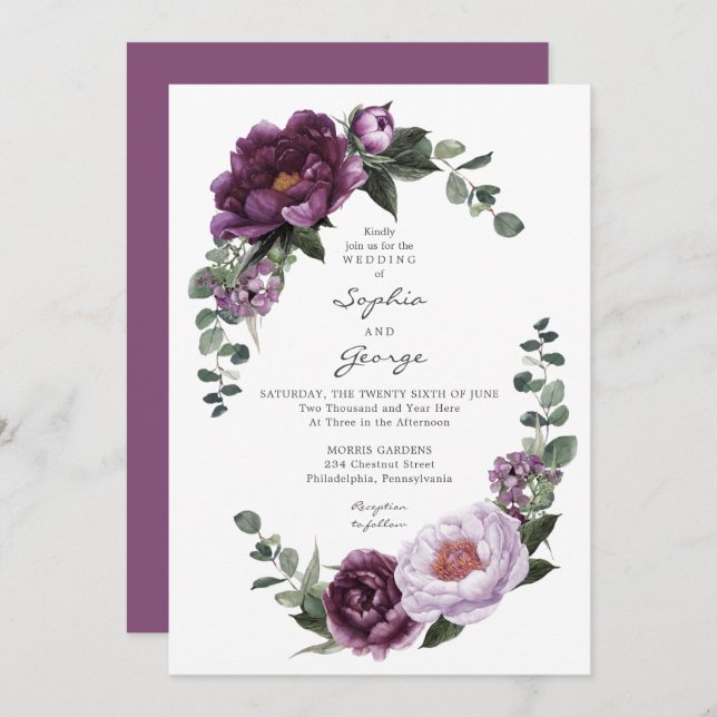 Plum Peonies Wedding Invitation Card (Front/Back)