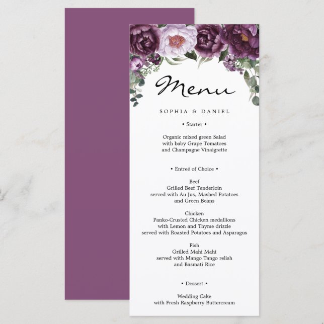 Plum Peonies Wedding Menu Bridal Shower Menu (Front/Back)