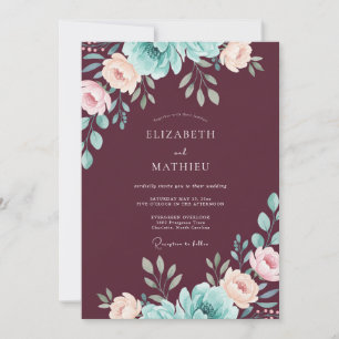 Plum Peony Leaf Wedding Invitation