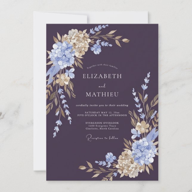 Plum Periwinkle Blossom Wedding Invitation (Front)