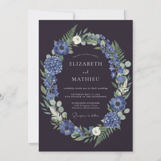 Plum Periwinkle Wreath Wedding Invitation (Front)