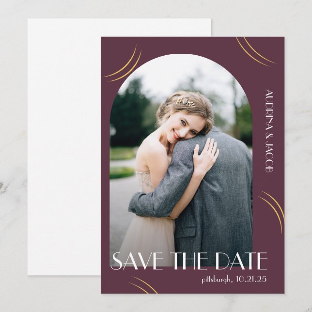 Plum Photo Big Typography Wedding Save The Date (Front/Back)