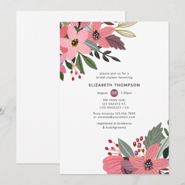 Plum Pink and Gold Floral Bridal Shower Invitation (Front/Back)