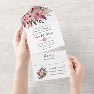 Plum Pink and Gold Floral Wedding All In One Invitation