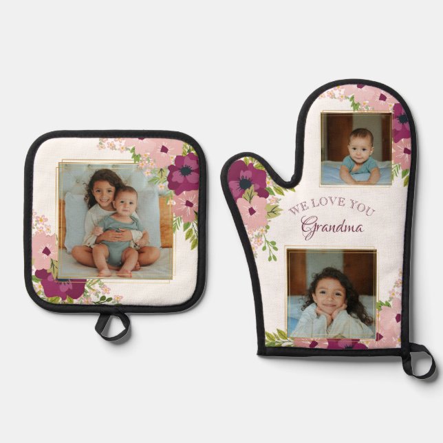 Plum & Pink Floral I Love You Grandma Photos Oven Mitt & Pot Holder Set (Front)