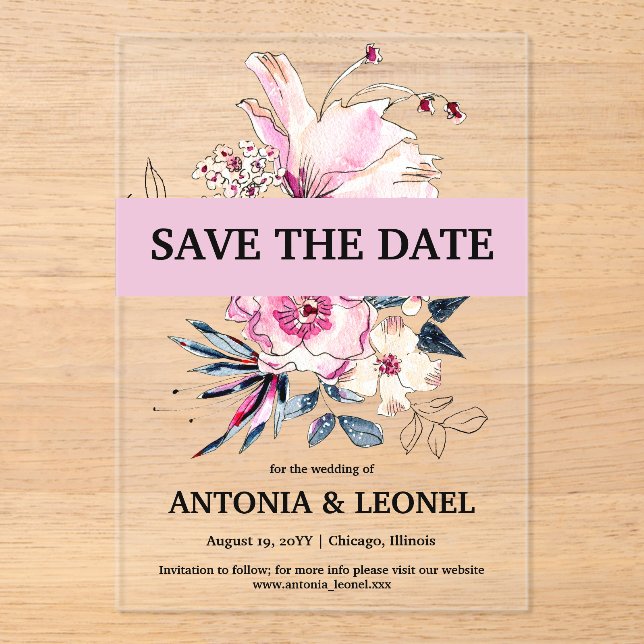 Plum Pink Floral Wedding Save the date Acrylic Invitations (Front)