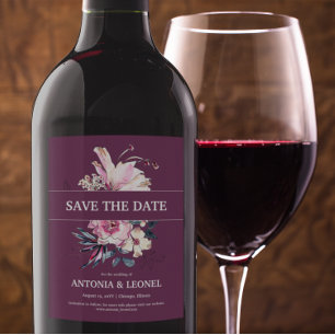 Plum Pink Floral Wedding Save the date Wine Label