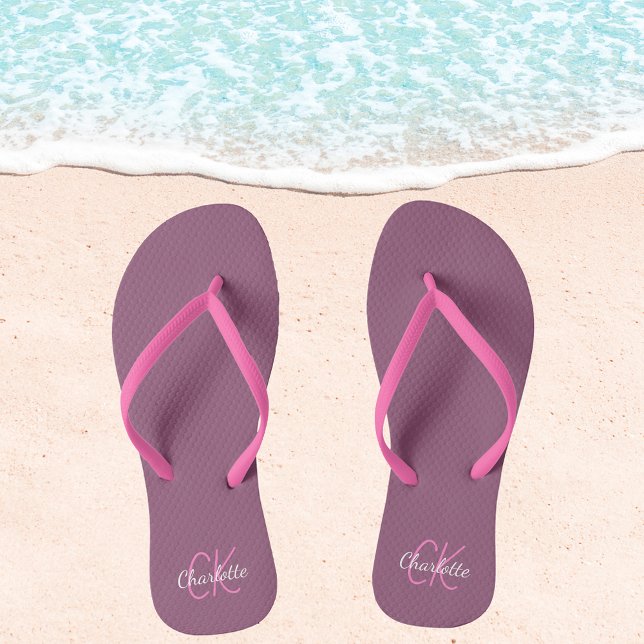 Plum pink name monogram  flip flops (Creator Uploaded)