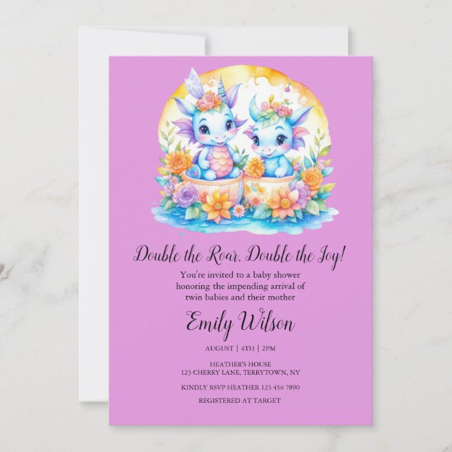PLUM PINK RAINBOW FLORAL DRAGONS TWINS BABY SHOWER INVITATION (Front)
