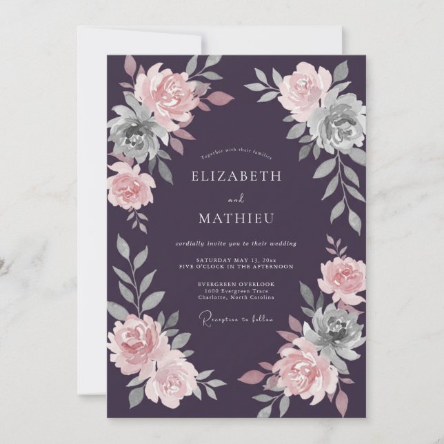 Plum Pink Ranunculus Eucalyptus Wedding Invitation (Front)