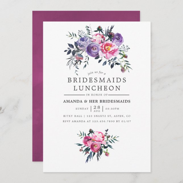 Plum & Pink Watercolor Floral Bridesmaids Luncheon Invitation (Front/Back)