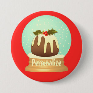 Plum pudding snow globe winter cake red green 7.5 cm round badge