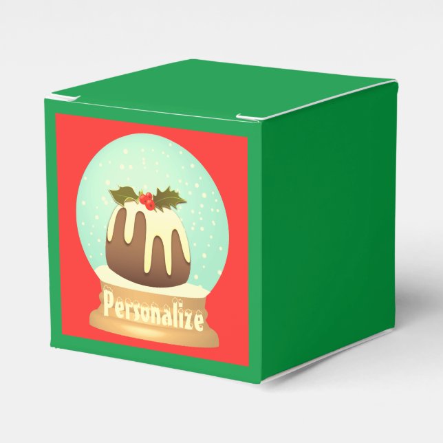 Plum pudding snow globe winter cake red green favour box (Front Side)