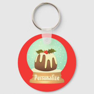 Plum pudding snow globe winter cake red green key ring