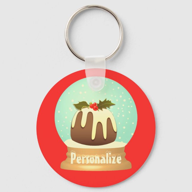 Plum pudding snow globe winter cake red green key ring (Front)