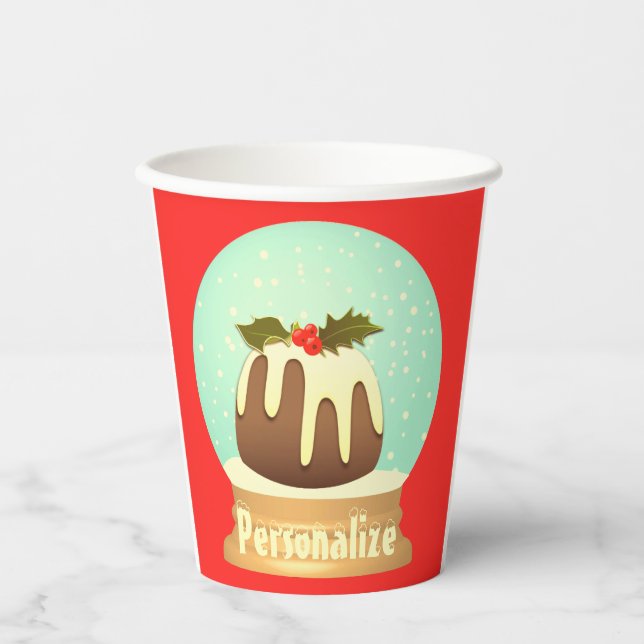 Plum pudding snow globe winter cake red green  paper cups (Front)