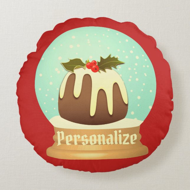 Plum pudding snow globe winter cake red green round cushion (Front)