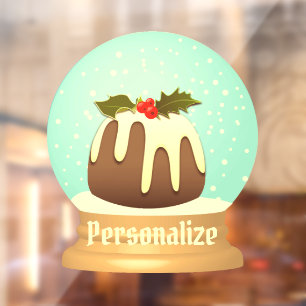 Plum pudding snow globe winter cake red green  window cling